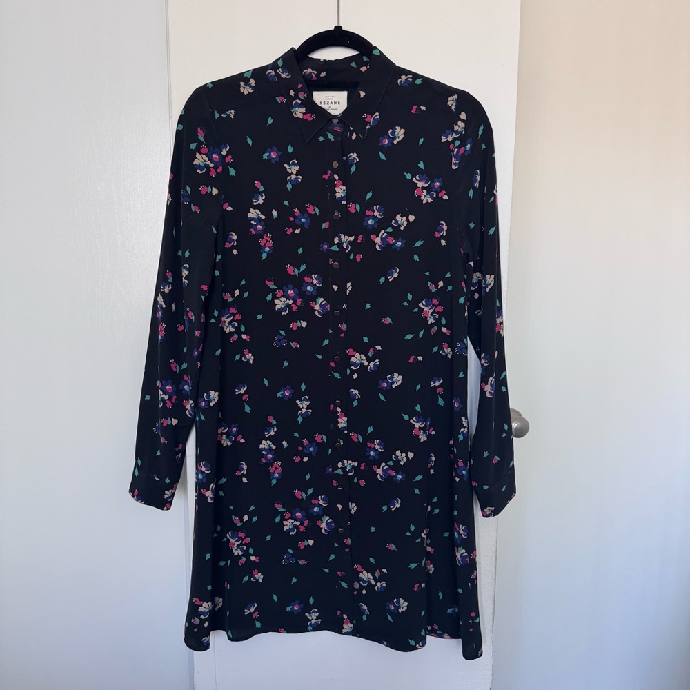 Sezane Silk Floral Shirt Dress